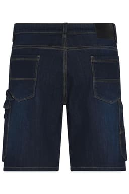 A pair of dark blue Bermuda jeans with multiple pockets, featuring a black waistband and a logo at the back.