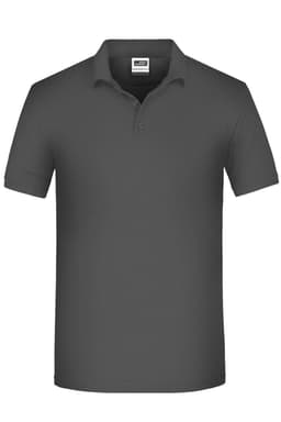 A men's work polo shirt in dark grey with a collar and short sleeves, featuring a logo.