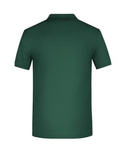A dark green men's polo shirt with a classic collar, featuring a logo on the back.