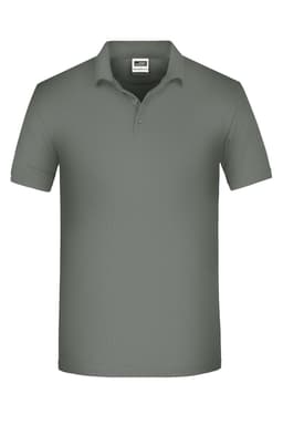 A grey polo shirt with a classic collar and short sleeves, featuring a logo on the chest area.