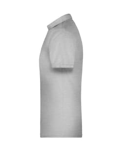 A grey men's polo shirt with short sleeves, featuring a collar and a logo on the chest.