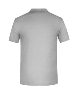 A grey work polo shirt with a classic collar and short sleeves, featuring a logo on the back.