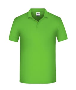 A bright green men's polo shirt featuring a collar and short sleeves, with a logo on the chest.