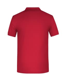 A red polo shirt with a collar and short sleeves, featuring a logo on the back.