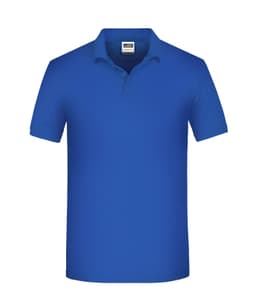 A blue work polo shirt with a collar and short sleeves, featuring a logo on the chest area.