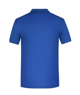 A blue men's polo shirt featuring a collar and short sleeves, displayed from the back. It has a logo on the back.