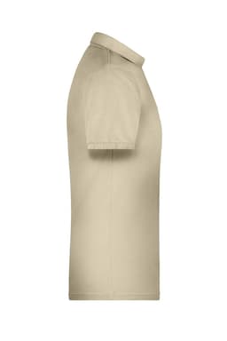 A men's beige work polo shirt featuring a collared design and short sleeves, with a logo on the chest.