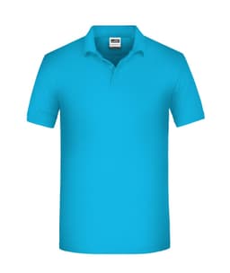 A blue polo shirt featuring a collar and a logo. Ideal for workwear purposes.