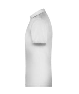 A white men's polo shirt displayed from the side, featuring a collar and short sleeves. It has a logo on the front.
