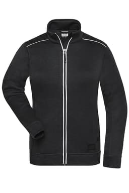 A black polar fleece jacket with a zip front, high collar, and white piping, featuring a logo on the hem.