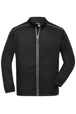 A black men's knit workwear fleece jacket features a zip closure and contrasting piping detail. It has a logo.