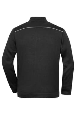 A black fleece jacket with a stand-up collar and a reflective strip across the back. It features long sleeves and has a logo.