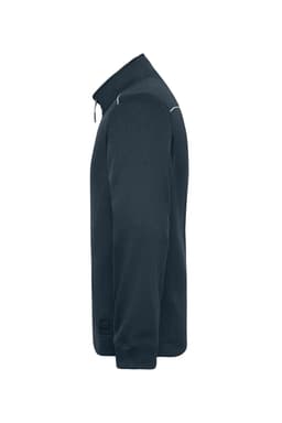 A men's navy knit workwear fleece jacket with a zip and a logo on the side.