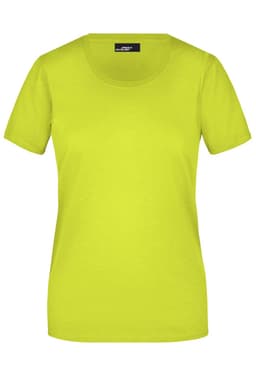 A bright yellow ladies T-shirt with a round neckline and short sleeves, featuring a logo tag.
