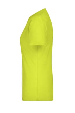 A side view of a bright yellow women's basic T-shirt with short sleeves and a fitted silhouette. It features a logo.