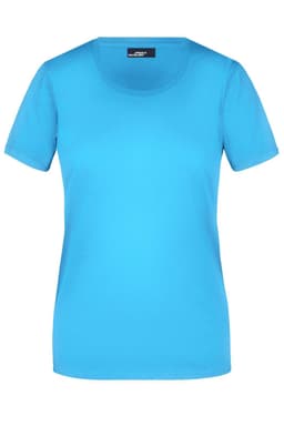 A bright blue basic T-shirt for ladies featuring a round neckline and short sleeves, with a visible logo.