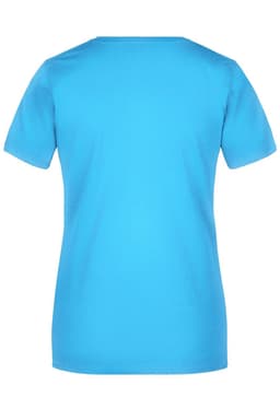 A short-sleeved ladies' T-shirt in bright blue, featuring a simple design and a logo on the back.