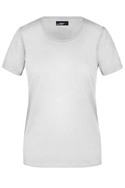 A light grey ladies' basic T-shirt with short sleeves and a round neckline. It features a logo on the label.