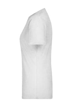 A white basic T-shirt displayed from the side, featuring a fitted design and a small logo.