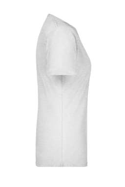 A plain white women's T-shirt displayed from the side, featuring short sleeves and a fitted silhouette.