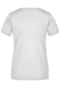 A plain grey ladies t-shirt with short sleeves and a round neckline, featuring a logo on the back.