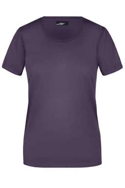 A purple ladies T-shirt with short sleeves and a round neckline. It features a logo on the label.