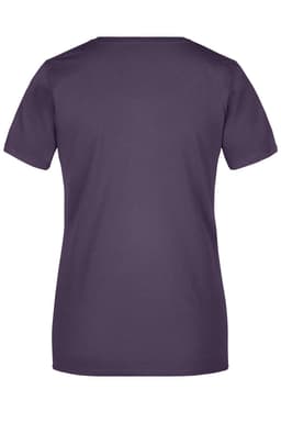 A purple ladies' basic T-shirt with short sleeves and a plain back design. It has a logo on the back.