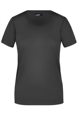 A black short-sleeved ladies T-shirt with a round neckline and a logo on the label.
