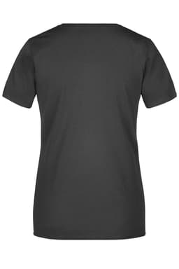 A black ladies' basic T-shirt with short sleeves and a round neckline, featuring a logo on the back.