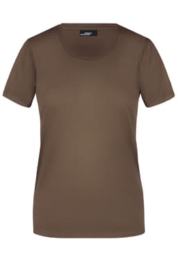 A brown ladies T-shirt featuring a round neckline and short sleeves, with a logo on the label.