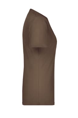 A brown ladies basic T-shirt featuring a classic crew neck and short sleeves, with a branding logo on it.