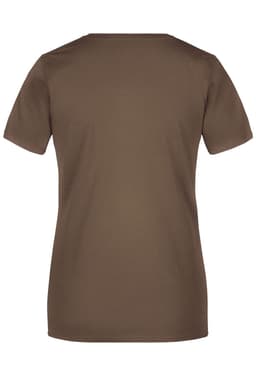 A plain brown women's T-shirt with a short sleeve and a simple design. It features a logo on the back.