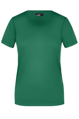 A green short-sleeved ladies T-shirt with a round neck and a logo on the label.