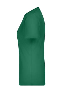 A green ladies' basic T-shirt featuring a classic cut and a simple design with a logo.