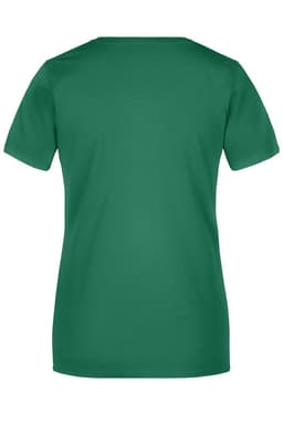 A green ladies' T-shirt with short sleeves and a plain back. It features a branding logo.