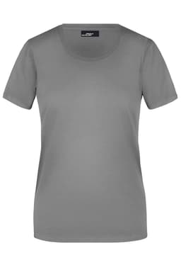 A grey short-sleeved women's T-shirt with a round neckline and a logo on the label.