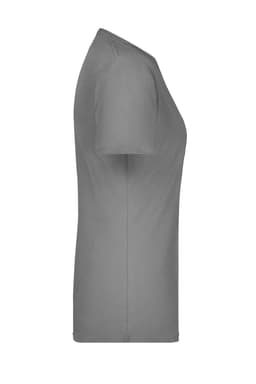 A grey short-sleeved T-shirt with a fitted silhouette and a logo on the side.