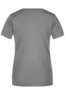 A grey ladies' T-shirt with short sleeves, featuring a branded logo on the back.