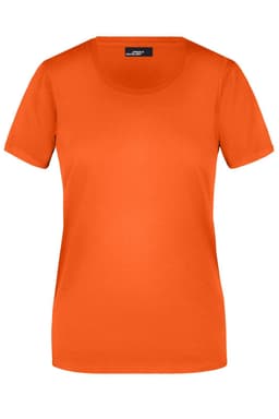 An orange women's basic T-shirt with short sleeves and a round neckline. It features a logo on the label.