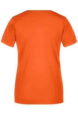An orange ladies' t-shirt with short sleeves, featuring a simple design and a logo on the back.