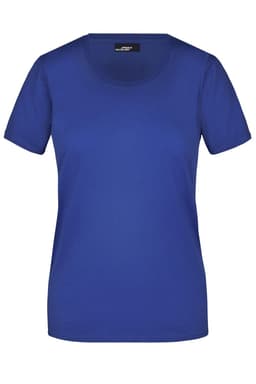 A blue Ladies Basic-T shirt with a round neckline and short sleeves, featuring a logo on the label.