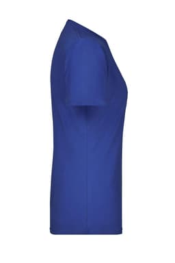 A side view of a women's T-shirt in vibrant blue, featuring a smooth, minimalist design and a brand logo.