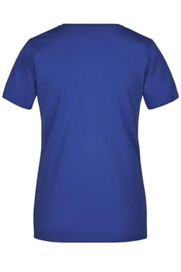 A blue T-shirt featuring a crew neck and short sleeves, with a logo on the back.