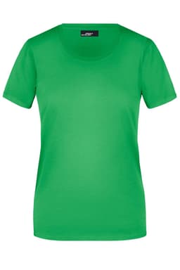 A green short-sleeved ladies T-shirt with a round neckline and a logo on the label.
