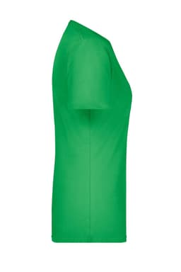 A green t-shirt with a fitted shape, featuring short sleeves and a logo on the side.