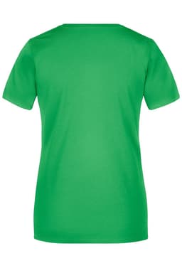A green ladies' t-shirt featuring a round neck and short sleeves, with a logo on the back.