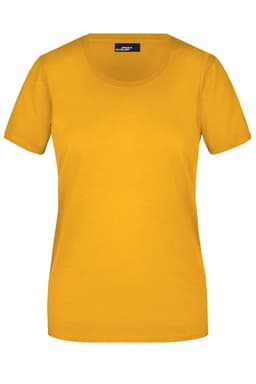 A yellow ladies' basic T-shirt with a round neckline and short sleeves. The shirt features a logo.
