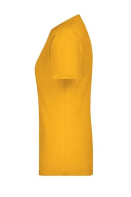A yellow ladies' T-shirt with short sleeves and a fitted side profile. It features a logo on the design.