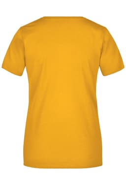 A yellow ladies T-shirt with short sleeves and a rounded neckline, featuring a logo on the back.