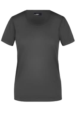 A grey women's T-shirt with short sleeves and a round neckline, featuring a small logo on the label.